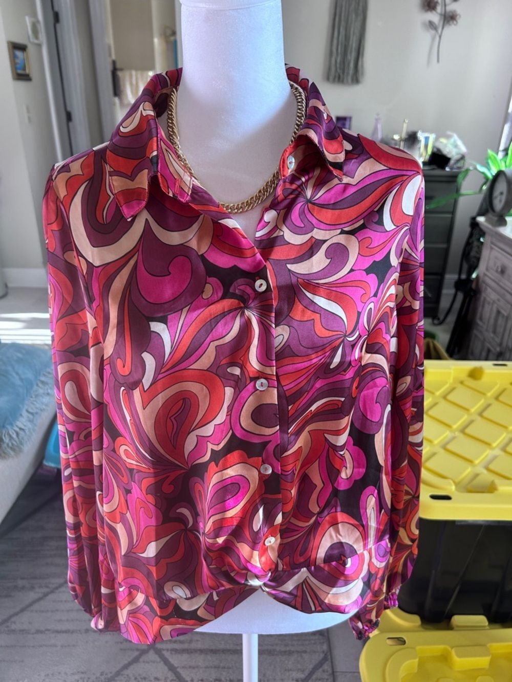 Elite, elegant Pink, Magenta & Red Swirl Button-Down Blouse, strikingly unusual